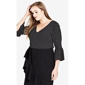 City Chic Polka Me Blouse Top 22 Dot 3/4 Bell Sleeve V-Neck‎ Casual Black White